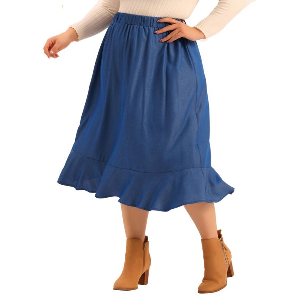 Plus Size Midi Skirt Elastic Waist Denim Tiered Pleated Hem Chambray Skirts Blue